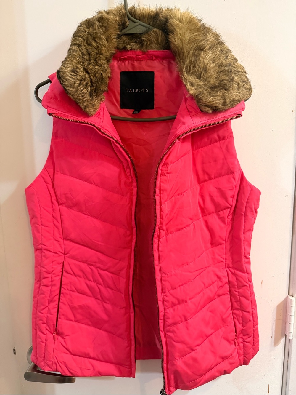 Talbots Bright Pink Quilted Vest with Faux-Fur Collar